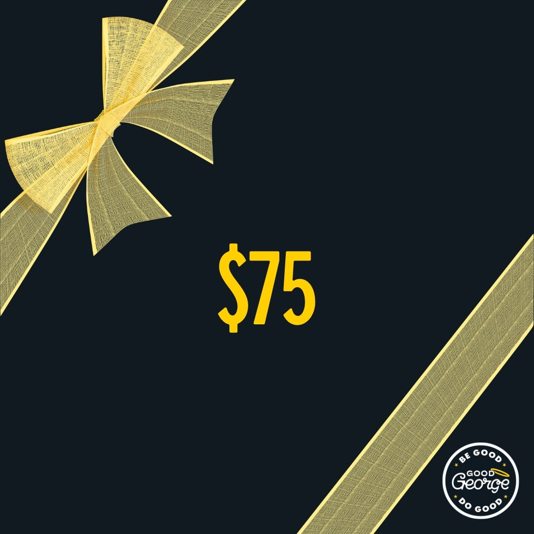 Gift card with a yellow bow and 'Be Good George' logo on a black background