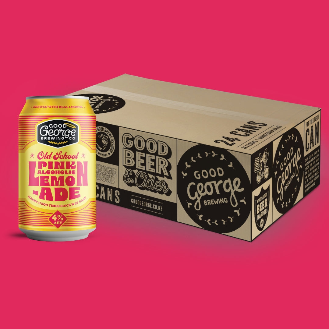A 24-pack cardboard case of Good George Brewing Lemon-Ade cans next to a single aluminum can of the same beverage, set against a solid pink background.