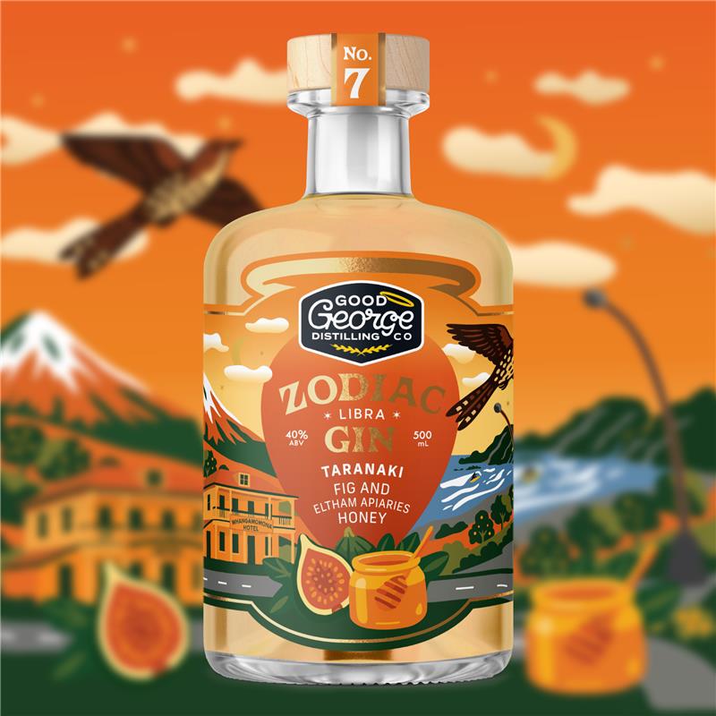 Bottle of Good George Distilling Co. Zodiac Gin with a scenic background