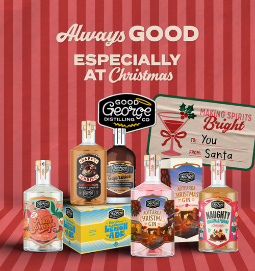 Assorted bottles of Good George Distilling Co. spirits on a red striped background with promotional text.