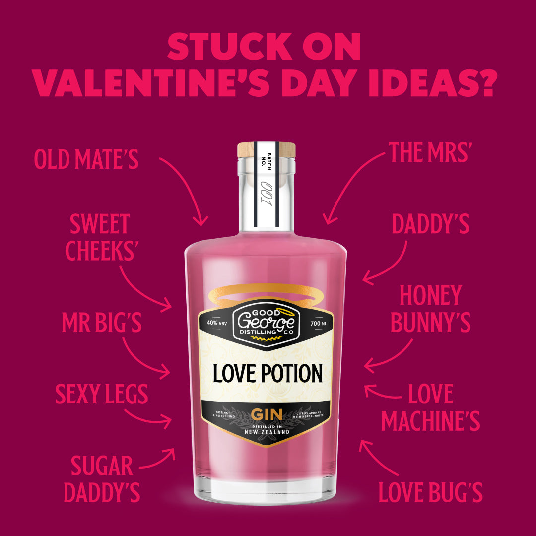 Bottle of gin with humorous Valentine's Day puns on a pink background