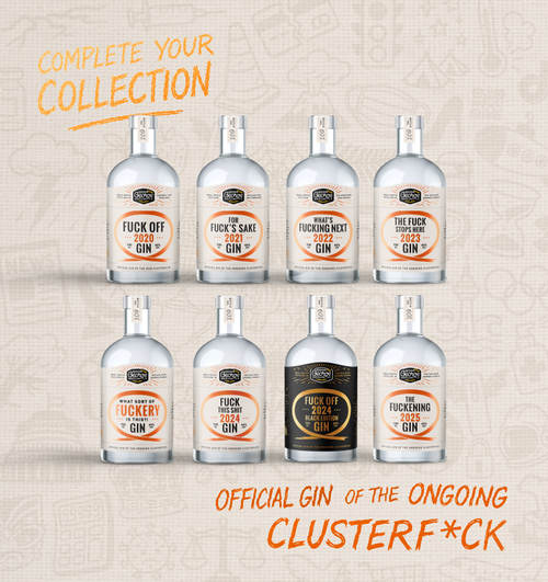 Set of gin bottles with humorous labels on a textured beige background