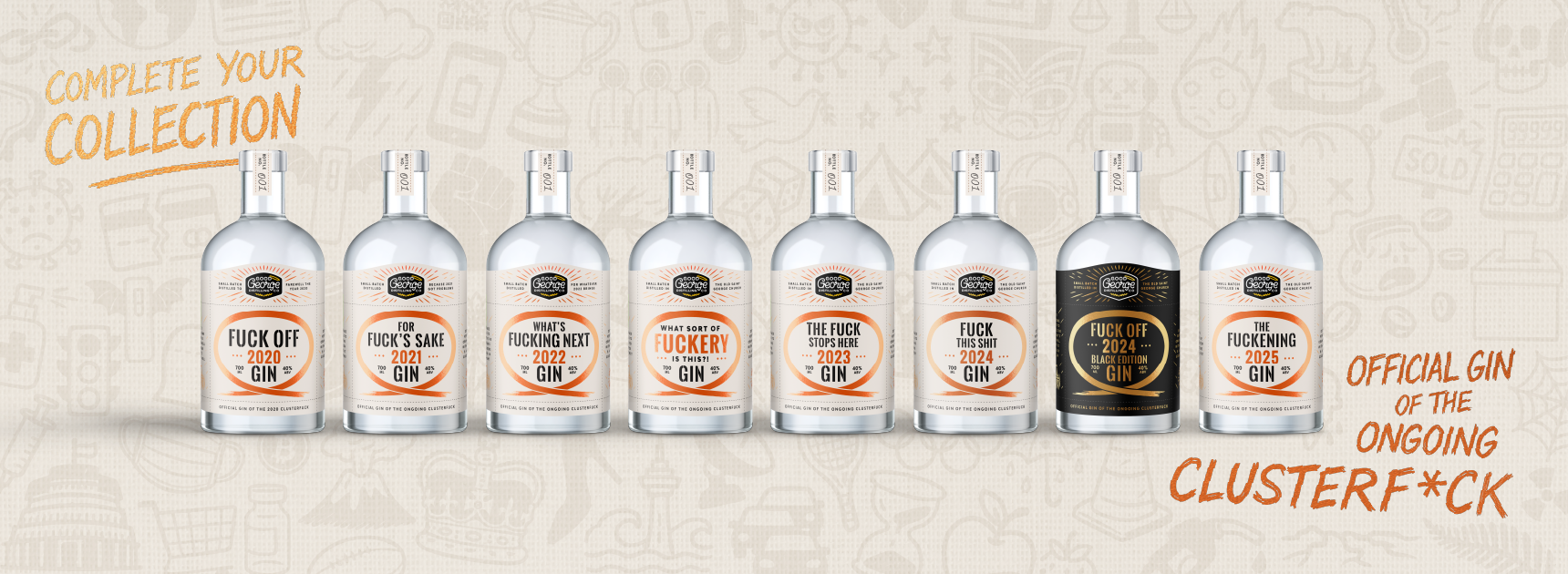 Row of gin bottles with humorous labels on a beige background