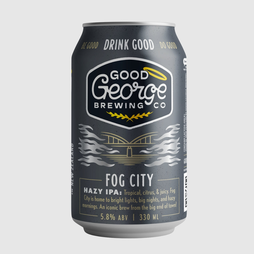 A can of Fog City Hazy IPA by Good George Brewing Co. with the text 'DRINK GOOD BEER' on the top, and the product description below.