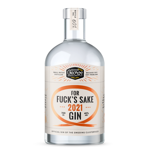 Bottle of Good George Gin with a humorous label on a white background