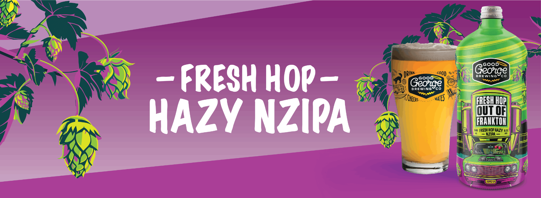 Good George Fresh Hop Hazy NZIPA beer bottle and glass on a purple background with hop leaves.