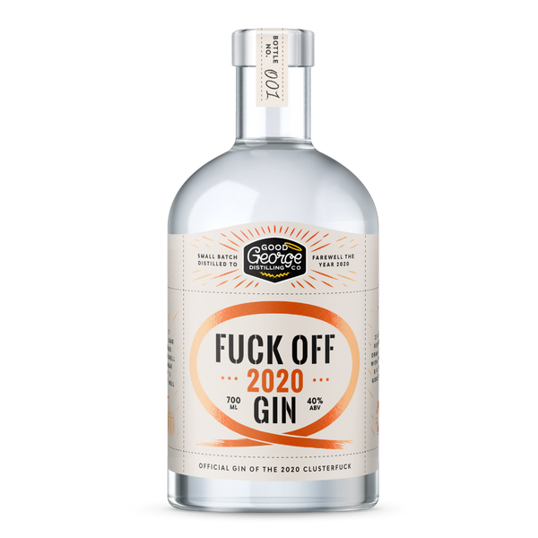 Bottle of 'Fuck Off 2020 Gin' with a label on a white background