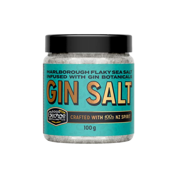 Jar of Gin Salt with a blue label on a white background