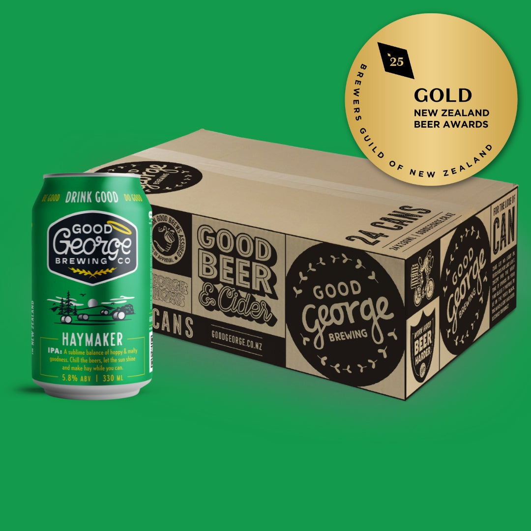 Good George Brewing Co. beer can and box with a gold award badge on a green background