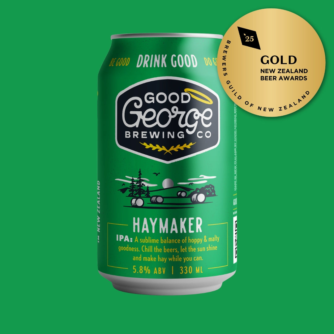 Haymaker beer can with 'Good George Brewing Co' branding on a green background