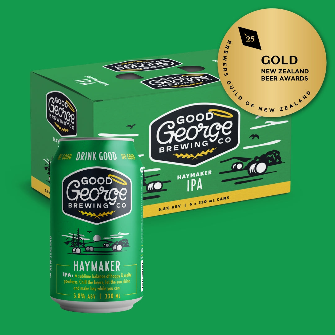Good George Brewing Co. Haymaker IPA can and packaging on a green background