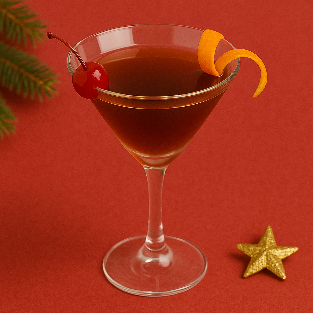 Brown cocktail in a martini glass with a cherry and orange peel on a red background