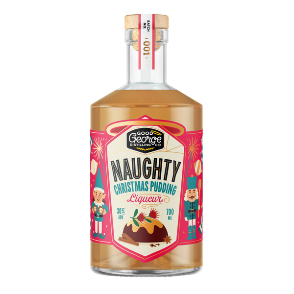 Bottle of Good George Naughty Christmas Pudding Liqueur on a white background