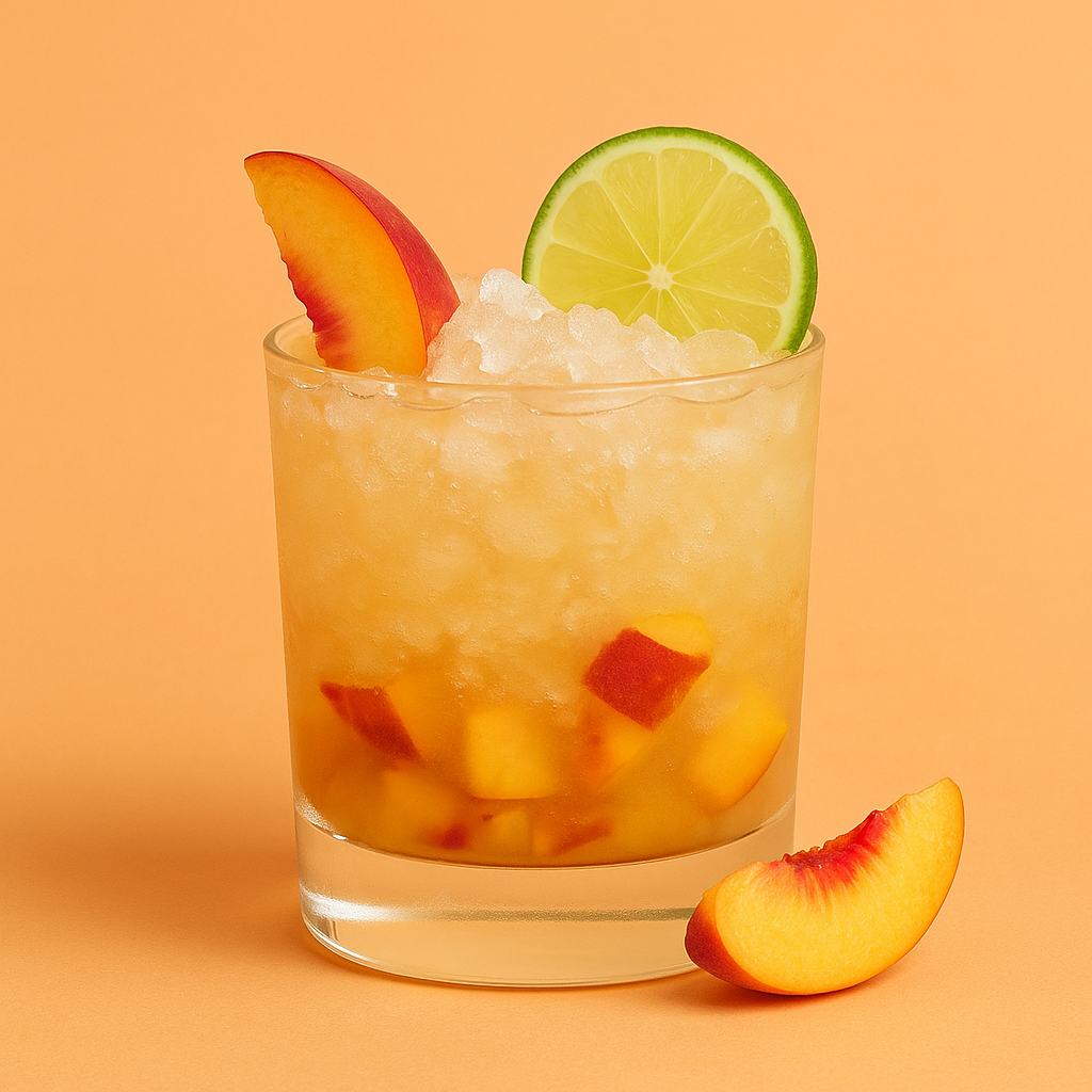 Glass of peachy cocktail with ice, lime, and peach slices on an orange background