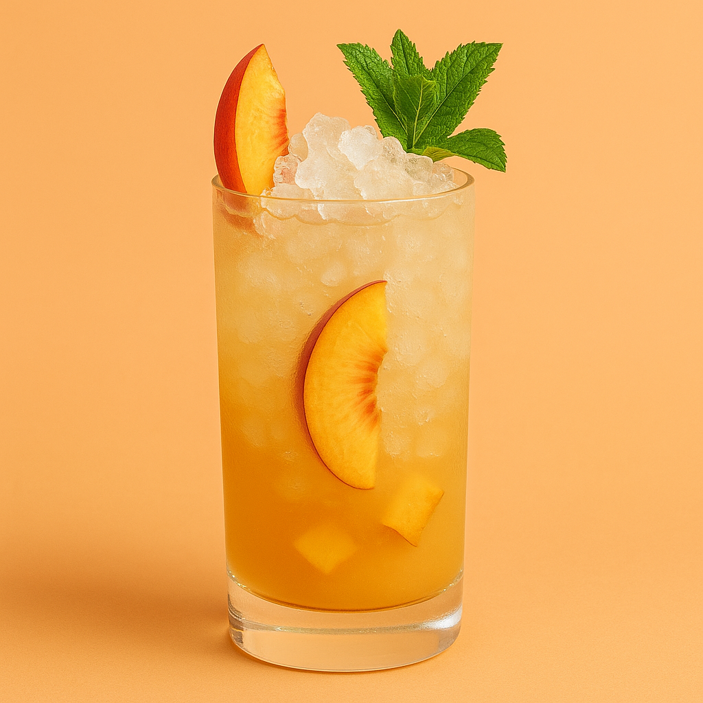 Peach-themed cocktail with ice, peach slices, and a mint leaf on an orange background