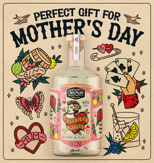 Gin bottle with decorative label on a Mother's Day themed background