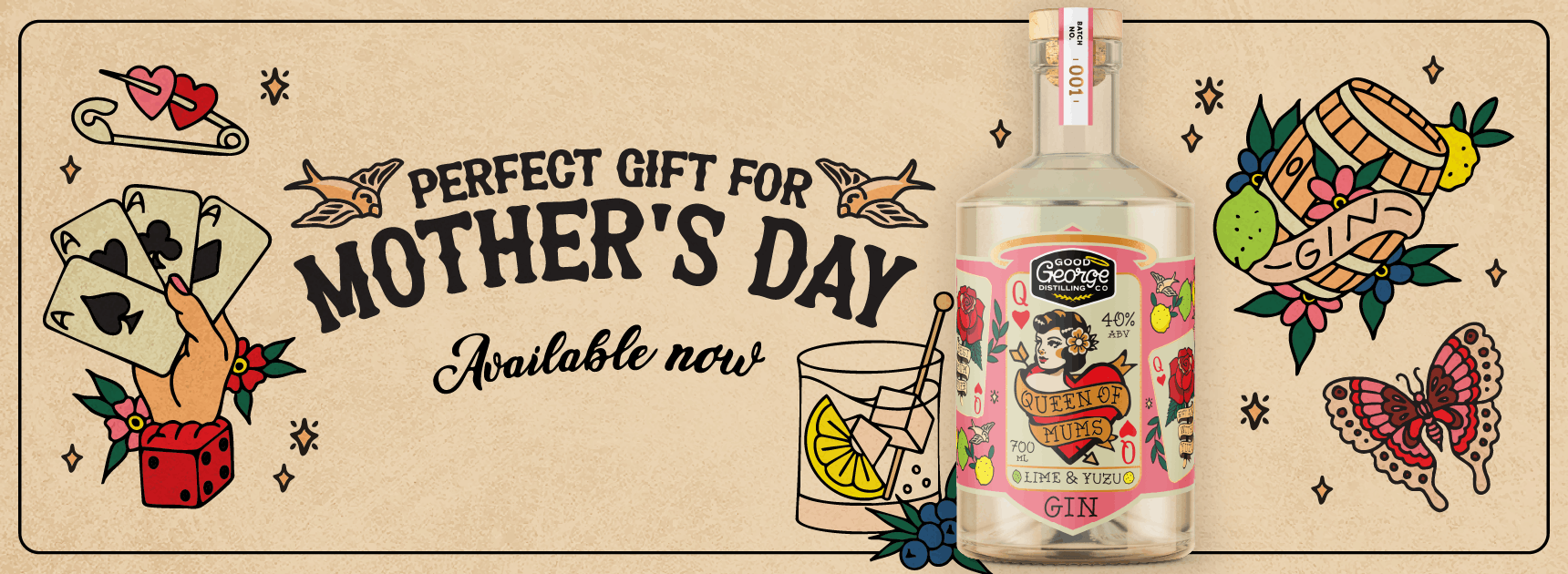 Gin bottle with decorative label on a Mother's Day promotional banner