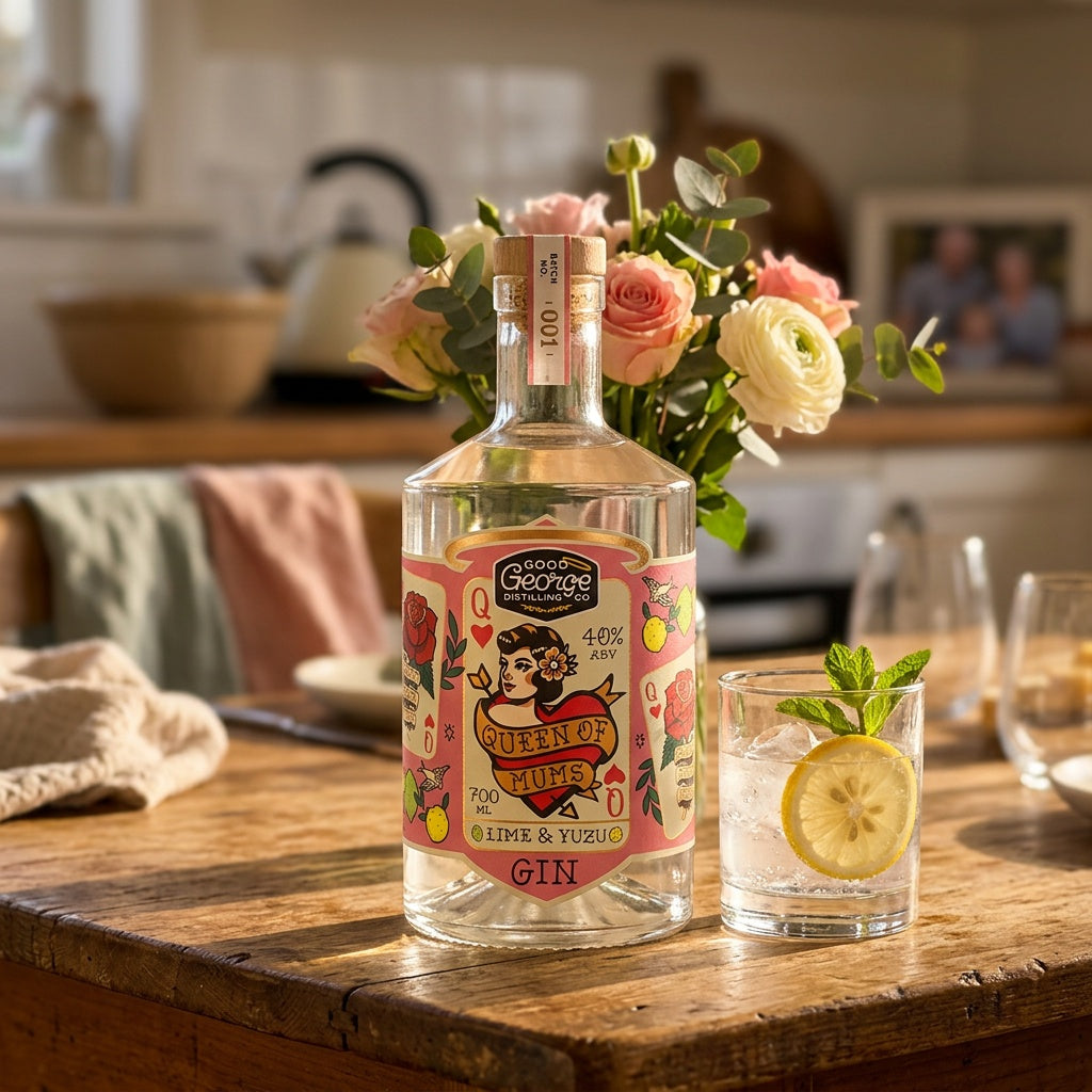 Bottle of gin with a floral arrangement on a wooden table