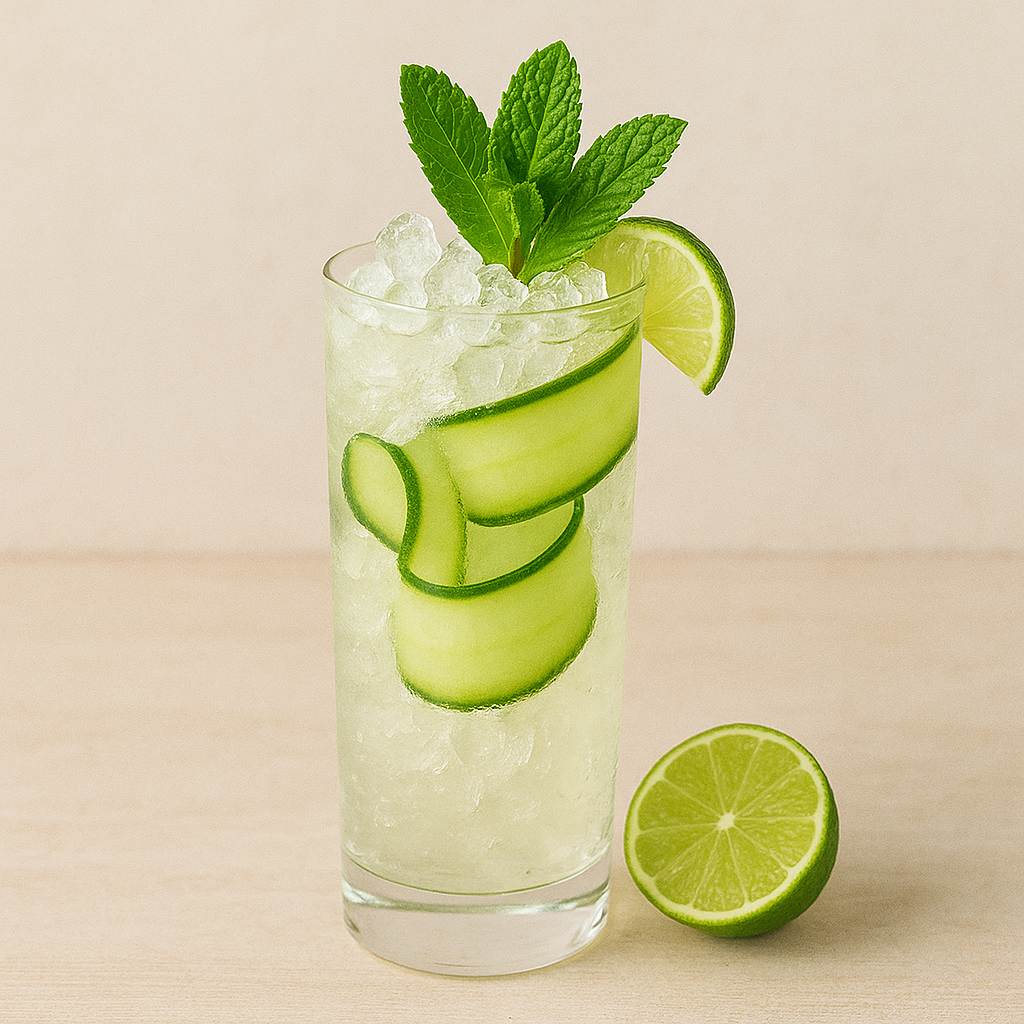 Cucumber limeade with ice and mint leaves in a glass on a beige background