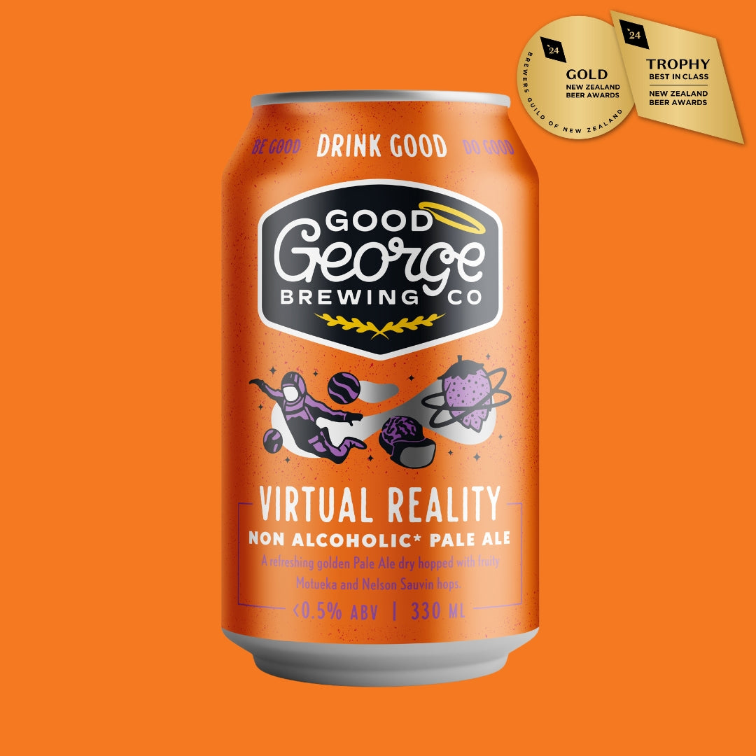 A can of Virtual Reality Non-Alcoholic Pale Ale by Good George Brewing Co. with a gold trophy badge, indicating the product is alcohol-free and possibly won an award.