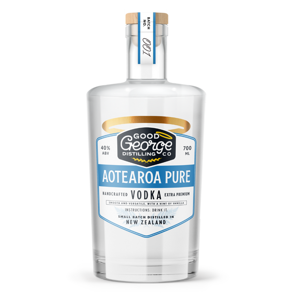 Aotearoa Pure Vodka bottle on a clear background