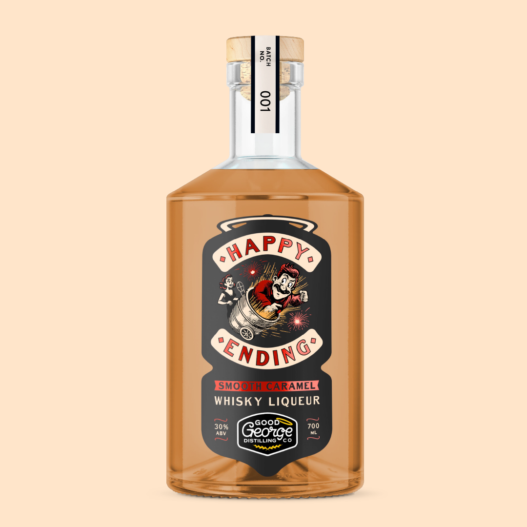 Bottle of Happy Ending Smoked Caramel Whisky Liqueur on a beige background