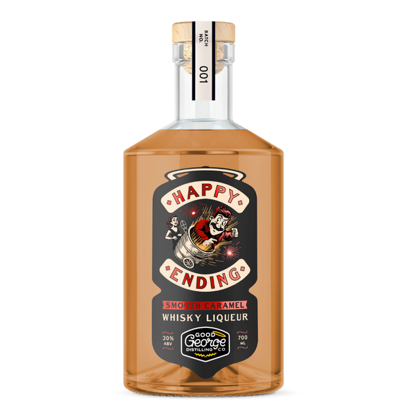 Bottle of Happy Ending Smoked Caramel Whisky Liqueur on a white background