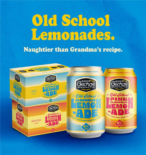 Good George Old School Lemonade packaging on a blue background