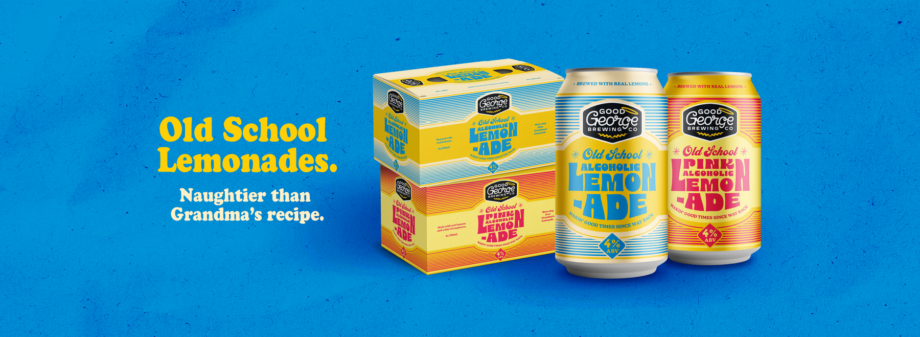 Old School Lemonade packaging on a blue background with text.