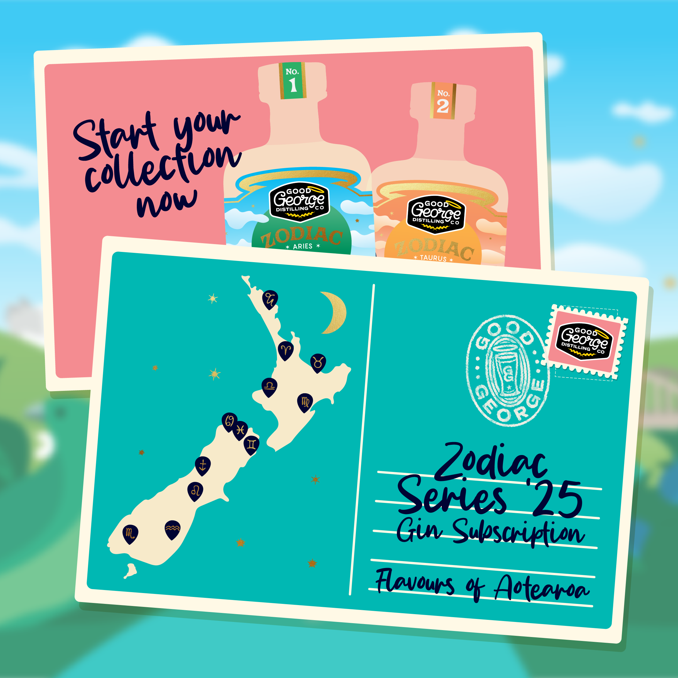 Promotional image featuring two postcards with illustrations related to a gin subscription service. One postcard is pink with the text 'Start your collection now' and an illustration of a bottle, while the other is green with a map and more bottle illustrations.