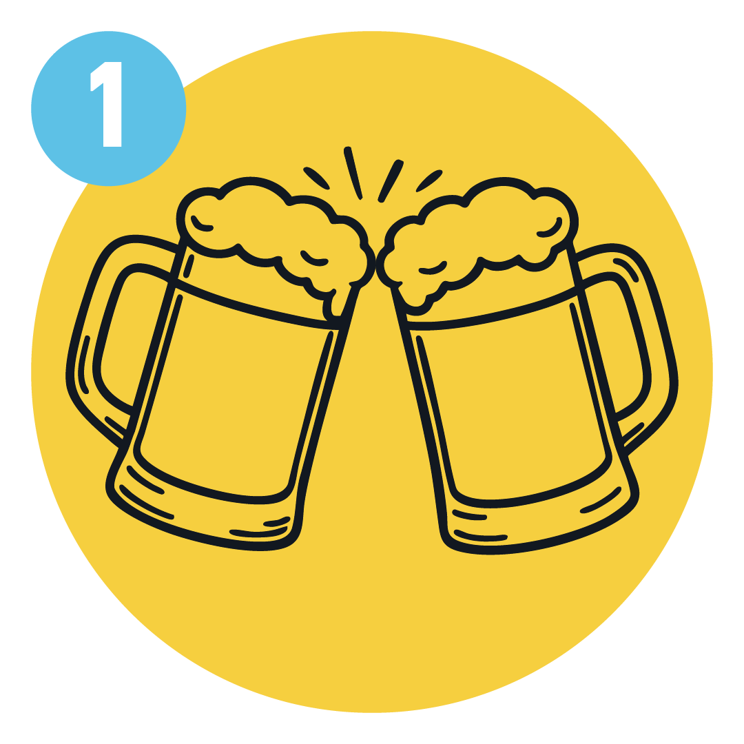 Two mugs of beer with foam and a number one icon on a gray background
