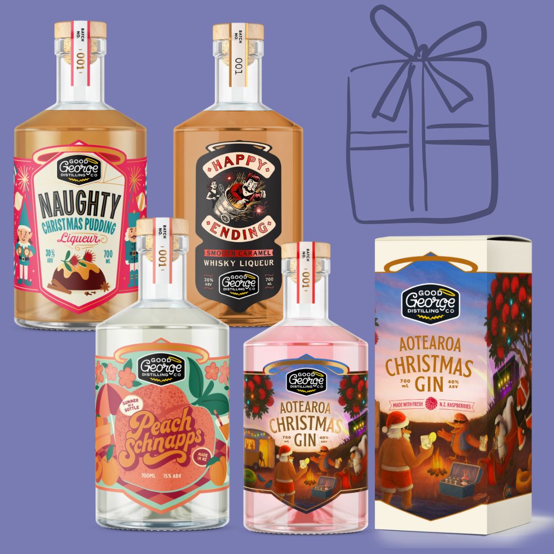 Collection of liquor bottles and packaging on a purple background with a gift icon.