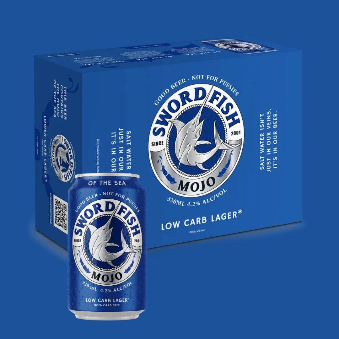 A pack of Swordfish Mojo Lower Carb Lager beer cans, with the branding displayed on the packaging and the individual can.