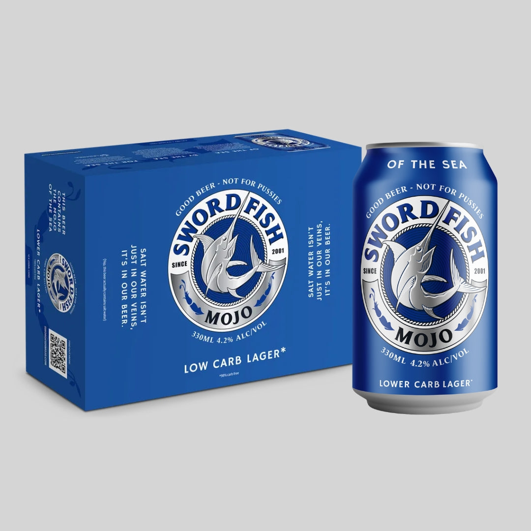 A blue and silver can of Swordfish Mojo Low Carb Lager next to its matching blue cardboard packaging box, shown on a neutral gray background.