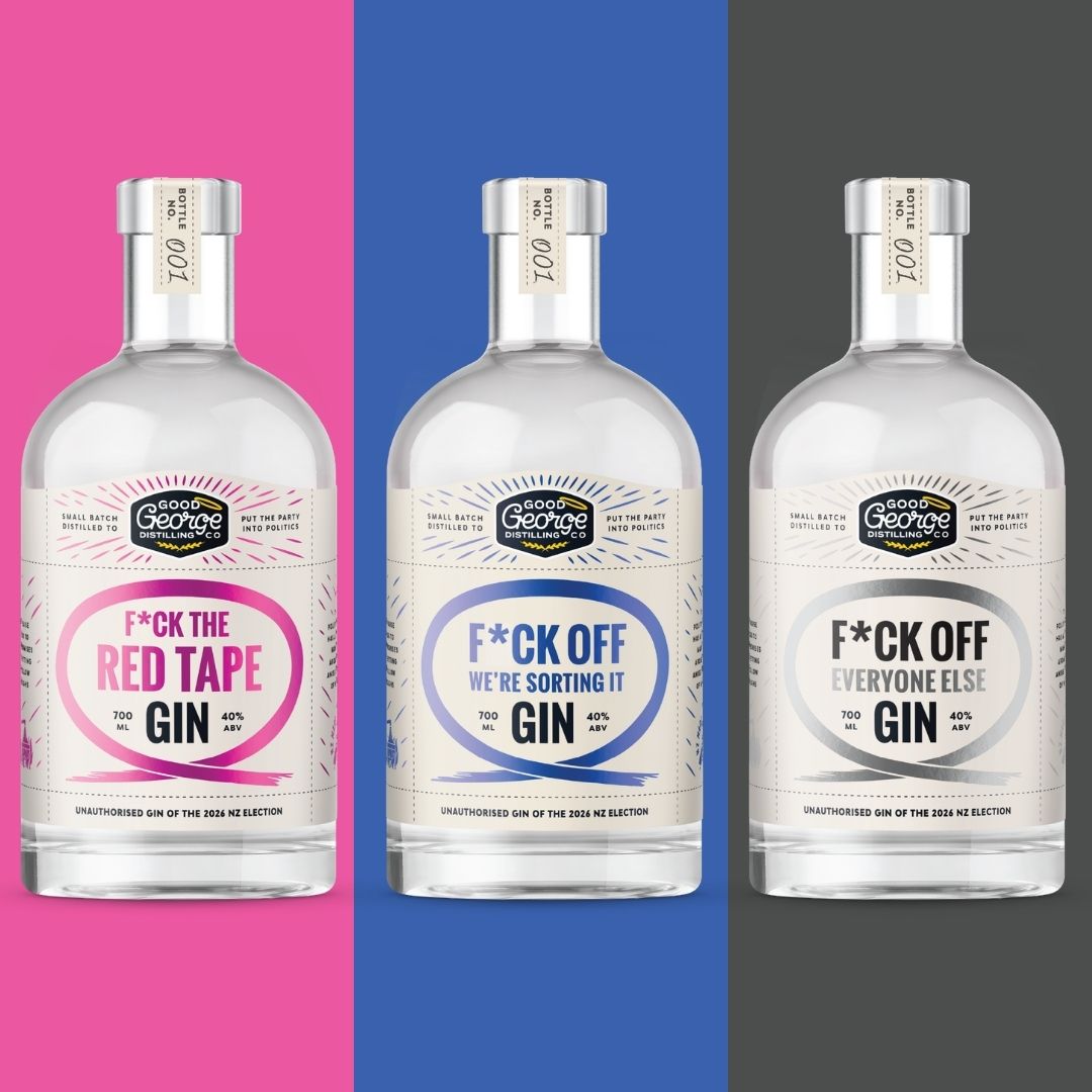 Three clear glass bottles of Good George gin with white labels and silver caps, shown side by side against vertical pink, blue, and dark grey panels. The labels read "F*CK THE RED TAPE GIN," "F*CK OFF WE'RE SORTING IT GIN," and "F*CK OFF EVERYONE ELSE GIN.