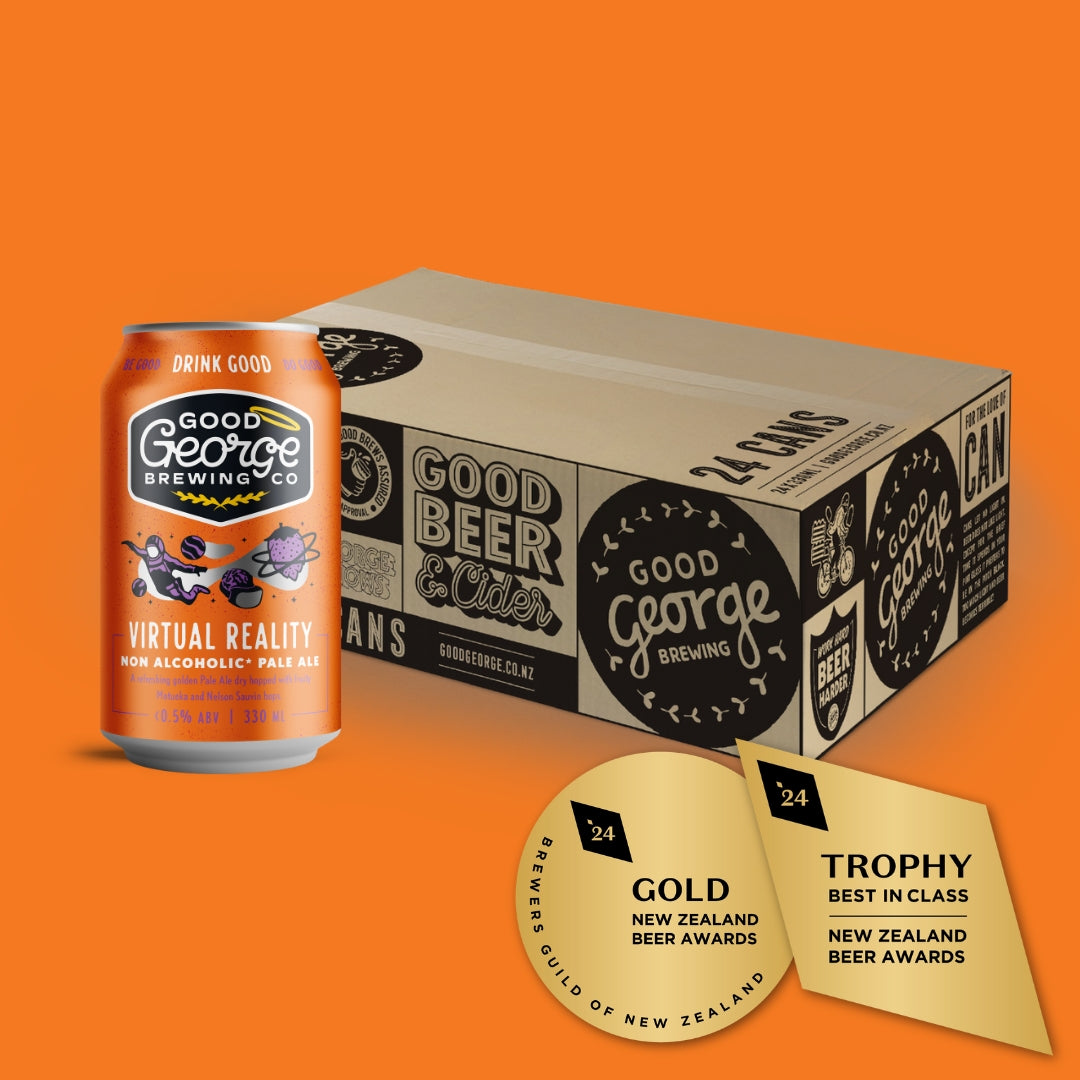 A can of Virtual Reality Non-Alcoholic Pale Ale by Good George Brewing Co. with a gold trophy badge, indicating the product is alcohol-free and possibly won an award.