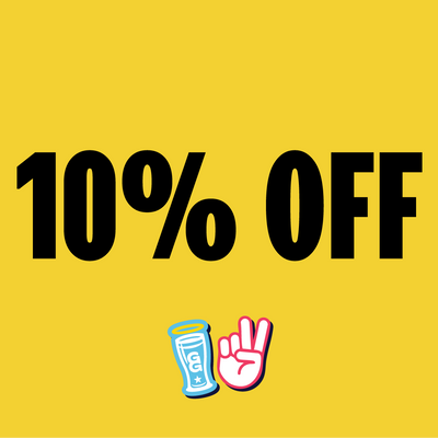 Promotional graphic with '10% OFF' text on a yellow background, featuring cartoon icons.