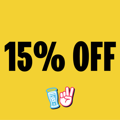 15% off text on a yellow background with cartoon characters.