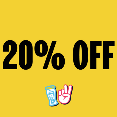 Promotional graphic with '20% OFF' text on a yellow background, featuring cartoon icons.