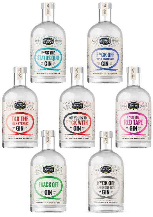 Seven clear glass gin bottles with white labels and silver caps arranged in three rows on a clear background. The labels feature bold black text and colorful accents in red, blue, green, and pink, with slogans such as 'F*CK OFF EVERYONE ELSE GIN' and 'F*CK THE STATUS QUO GIN'.