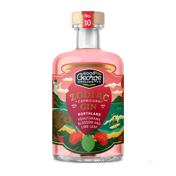 Bottle of Good George Distilling Co. Zodiac Gin on a white background