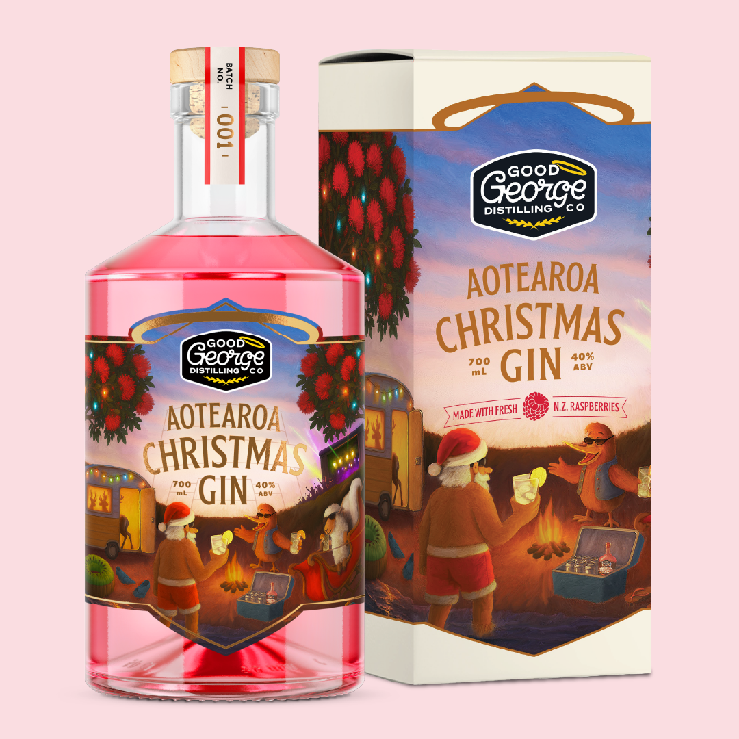 Aoteaeroa Christmas Gin bottle and packaging on a pink background