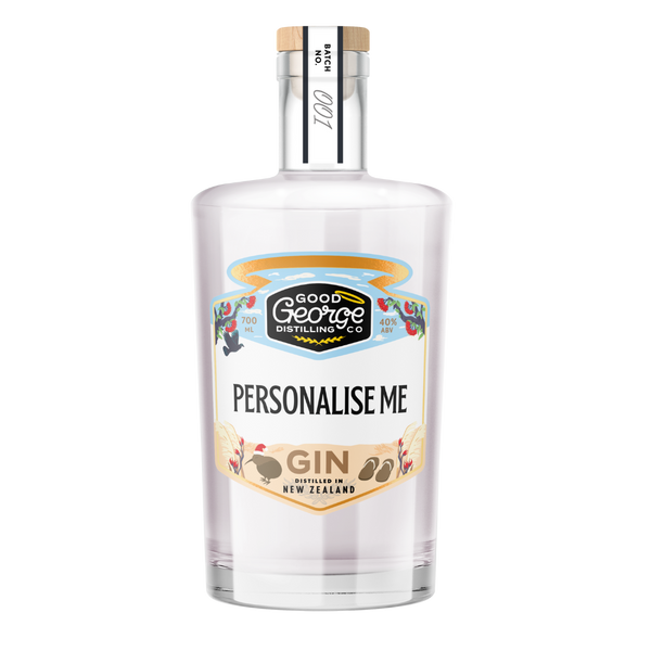 Bottle of Good George Distilling Co gin with customizable label on a white background