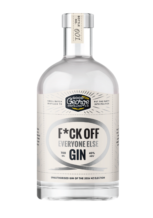 A clear glass bottle of Good George Gin 'F*CK OFF EVERYONE ELSE GIN' with a white label and silver cap, shown on a plain white background.