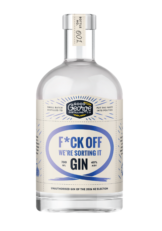 A bottle of Good George gin with a silver cap and a cream-colored label featuring blue and black text, including the slogan 'F*CK OFF WE'RE SORTING IT'.