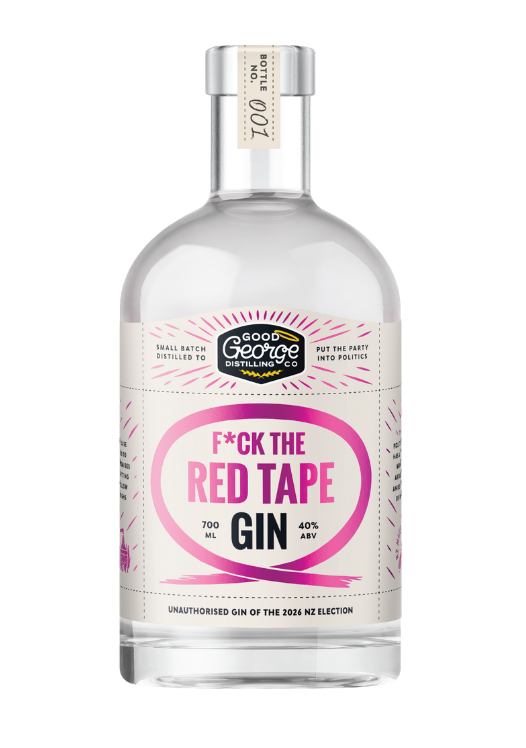 A 700ml clear glass bottle of gin with a white label featuring pink and black text, including the slogan 'F*CK THE RED TAPE GIN'. The bottle is centered against a clear background.