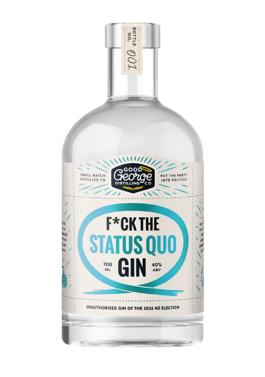A 700ml bottle of Good George F*ck The Status Quo Gin, featuring a clear glass bottle with a white label and teal accents, set against a plain white background.