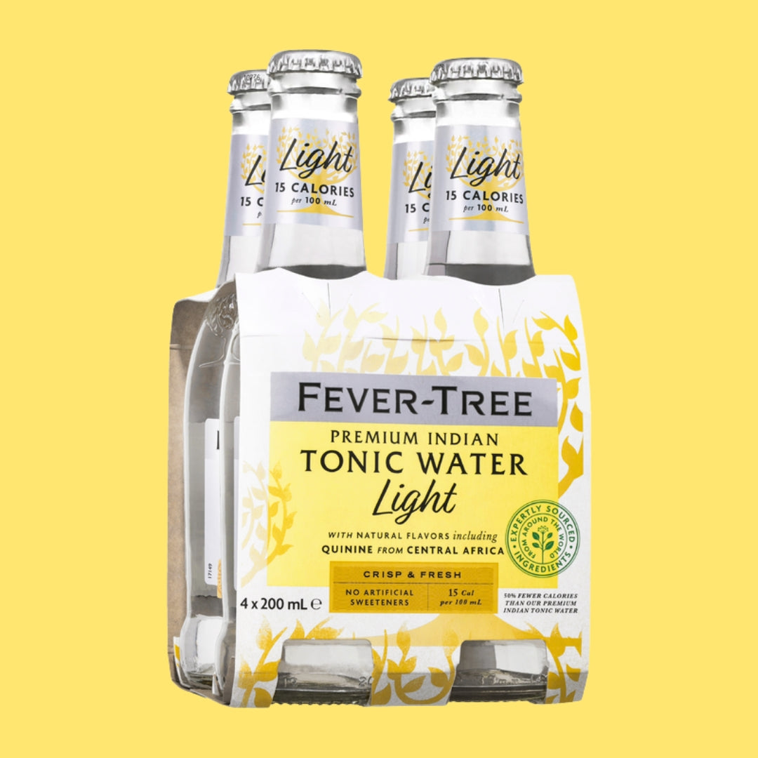 Pack of Fever-Tree Premium Indian Tonic Water Light on a yellow background
