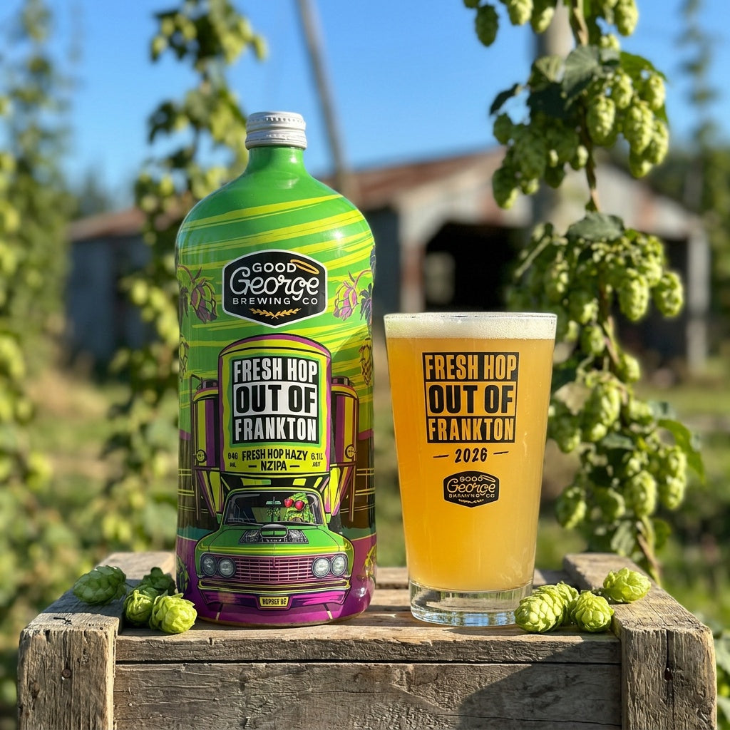 Good George Brewing Co. Fresh Hop Out of Frankton beer bottle and glass on a wooden crate with hops in the background.