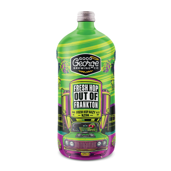 Green bottle with colorful label featuring a car design and text on a white background